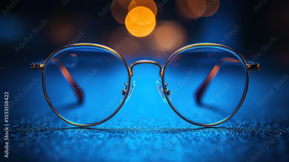 Poster a pair of round glasses resting on a surface, illuminated by soft bokeh lights.