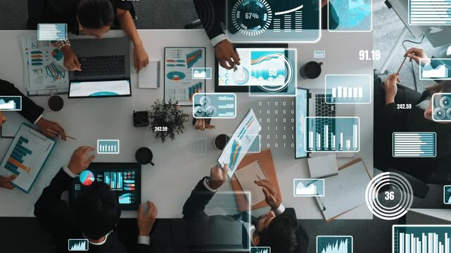 Top view of smart business people discuss about statistic graph. Group of diverse executive manager planning strategy while brainstorming creative idea with hologram of financial diagram. Directorate.
