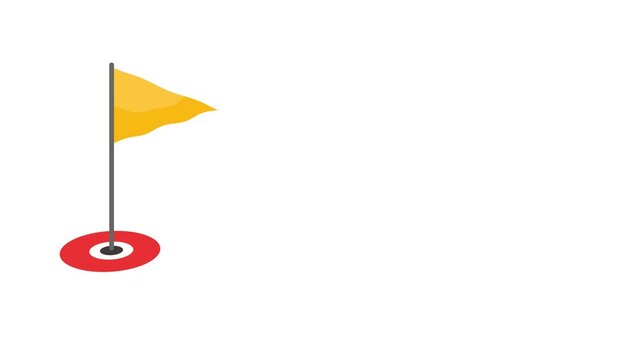 Animation of a yellow triangular flag coming out of a circle point, concept of marking a location, transparent background, alpha channel settings, looping animation