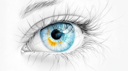 Close-up hyper-realistic shot of an eye, with sharp details of eyelashes, iris texture, and reflections in the pupil.