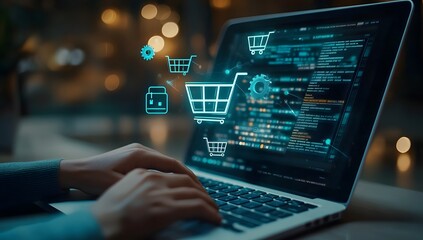 A person using their laptop to shop online, with icons of shopping carts and products floating above the screen