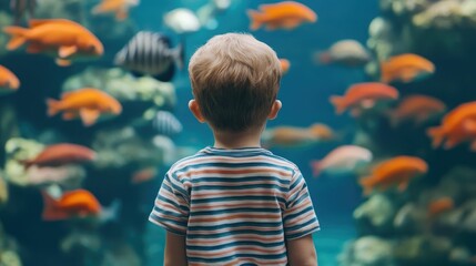 Captivated young child gazing in wonder at the vibrant colorful fish swimming in a massive aquarium exhibit  The boy is mesmerized by the underwater world