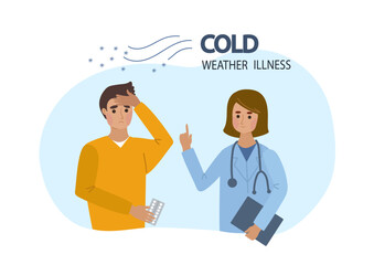 Cold weather illness symptoms infographic. Sick man character with pills in hands consult with doctor. Fall and winter season diseases infographic. Vector hand drawn flat cartoon illustration.