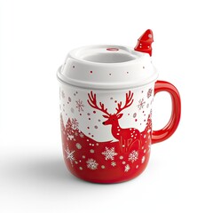 Red and White Ceramic Mug with a Christmas Deer Design