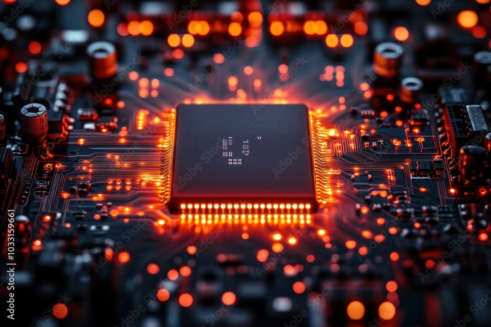 Poster a close-up view of a microchip on a circuit board, illuminated by glowing connections.