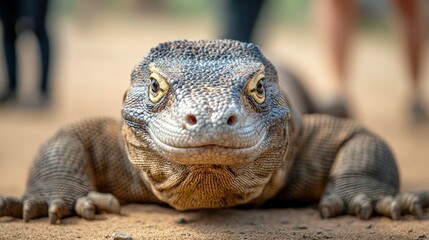Obraz premium Captivating Close up of a Sunbathing Komodo Dragon in its Enclosure with Visitors Nearby at a Reptile Exhibit or Zoo