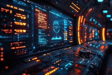 Futuristic control panel with glowing screens and data displays.