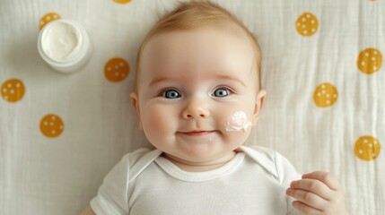 Close up of a cute innocent baby lying on a changing table while a caregiver gently applies soothing diaper rash cream highlighting the importance of infant skin care and parental nurturing