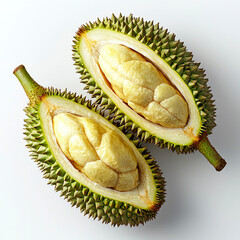 A halved durian fruit showcasing its creamy, yellow flesh and spiky exterior.