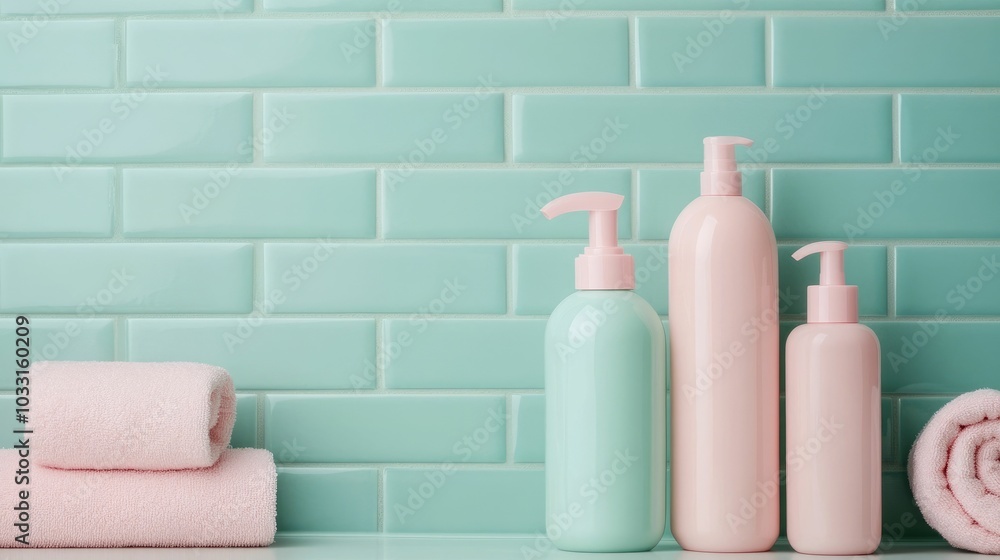 Aufkleber pastel colored bottles of lotion soap and shampoo neatly arranged on a bathroom counter creating a c