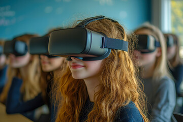 realistic photo of a modern modern education, students use VR gadgets to study