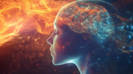 Fototapeta premium Abstract Profile of a Person with a Glowing Brain and Surrounding Energy