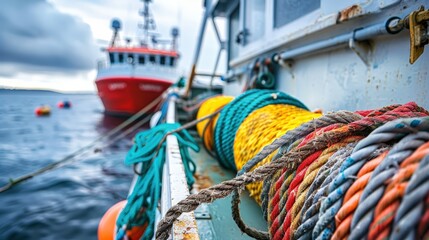 Obraz premium A vibrant collection of fishing gear and a boat floating in tranquil waters beneath the sky.