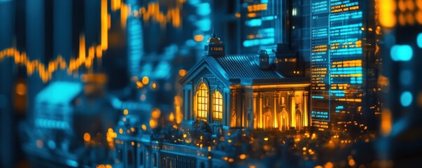 Cityscape with Illuminated Buildings and Digital Financial Data Overlay at Night