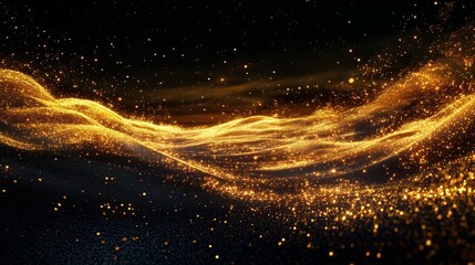 Naklejka premium A cascade of vibrant golden sparks fanning out across the dark horizon, with subtle hints of deep amber tones creating a majestic wave in the night sky.