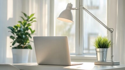 Bright Workspace with Laptop and Desk Lamp