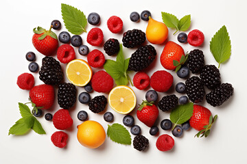 Assortment of different fruits and berries.top view