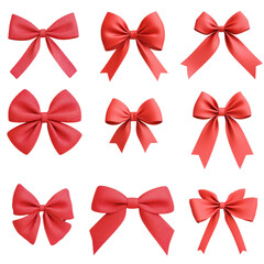 Nine red gift bows in different shapes isolated on white, ideal for gift wrapping and festive occasions.
