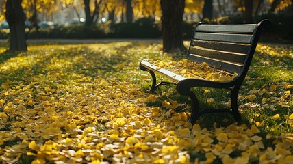 Lonely Bench in park with Yellow beautiful leaves of the Ginkgo tree in autumn season,Detail of the yellow leaves,Late autumn of Japan,space for text.