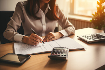 businesswoman using a calculator to calculate business principles