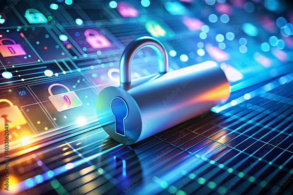 Poster secure digital document scroll with lock and data icon for enhanced cybersecurity awareness