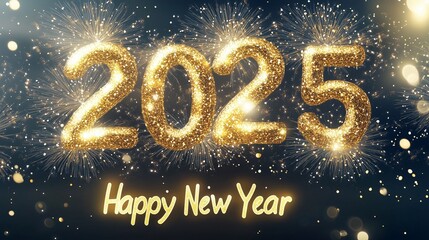 A dramatic burst of golden fireworks shapes "2025," illuminating the night sky. Beneath, the "Happy New Year" message appears in glowing gold text, shimmering softly.