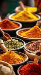 A vibrant, close-up view of a spice market stall with bowls of colorful spices such as turmeric, paprika, cumin, and saffron