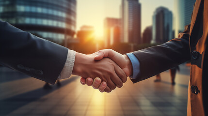 Closeup business people handshaking on background of building