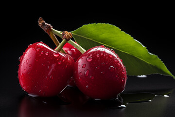 Cherries with leaves isolated on black background