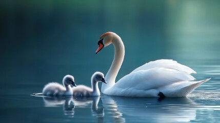 Obraz premium a swan swimming with two cygnets in tranquil blue water