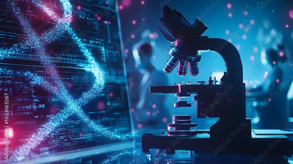 Poster a microscope with a dna strand on a screen in a laboratory setting