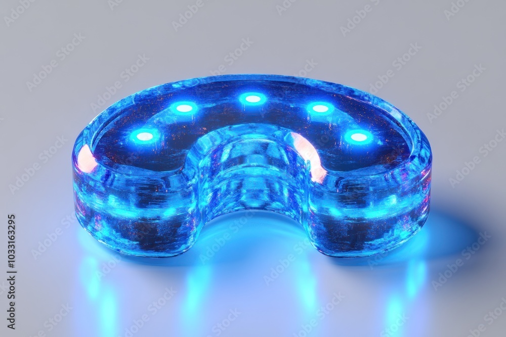 Poster a blue, translucent, crescent-shaped object with four led lights embedded in its surface, illuminati