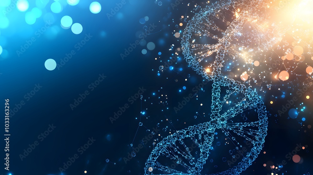 Poster abstract dna helix rendered with glowing particles and bokeh