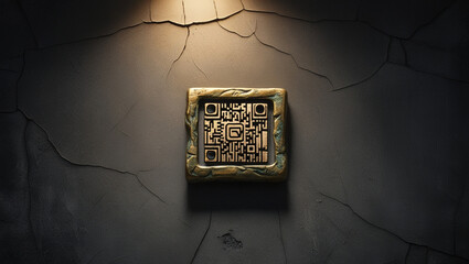 Aged Bronze QR Code on Dark Gray Weathered Background