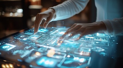 Naklejka premium Digital Marketer Optimizing Ads With Holographic Interface