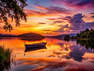 Serene Sunset Reflection: Boat on Tranquil Lake for Nature Lovers and Adventurers