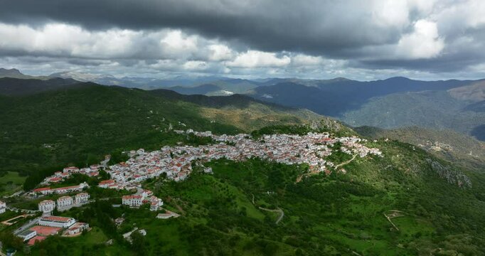 Beautiful cinematic drone view of Gauc&iacute;n City in the mountains of Spain, Europe. Cloud shadows are covering mountains around. Descending camera movement. High quality 4K prores footage.