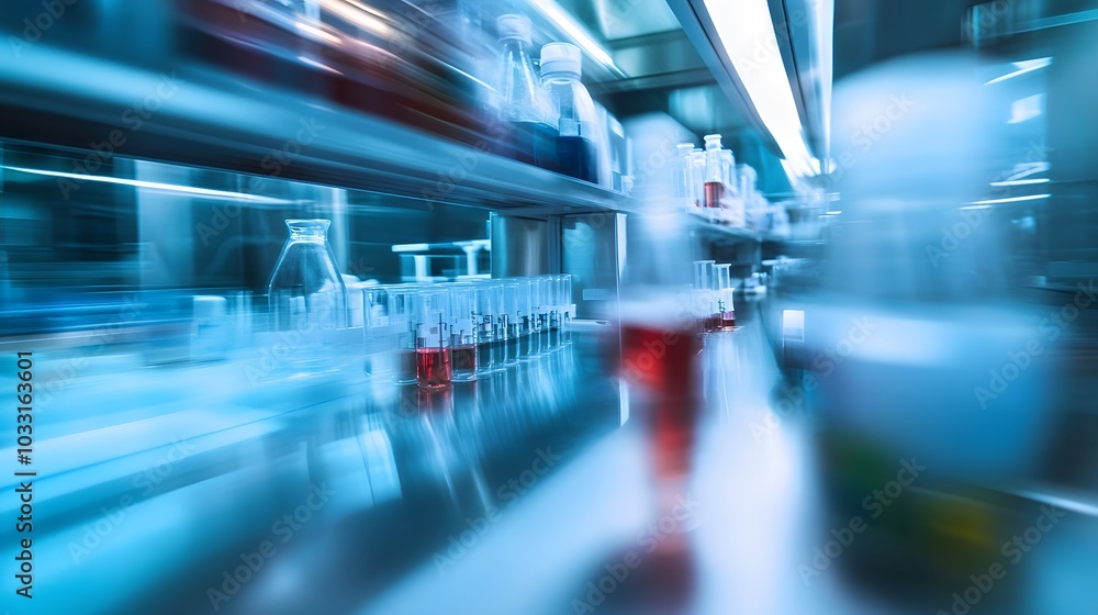 Poster close-up view of glassware and liquid in a laboratory setting