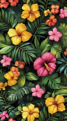 A vibrant floral pattern featuring hand-drawn tropical flowers and leaves, with bright yellows, pinks, and greens on a dark background
