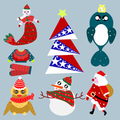 New year and Christmas stickers including ugly sweater, baby shark, Christmas tree, owl,  mermaid, snowman, and Santa Claus  cartoon.