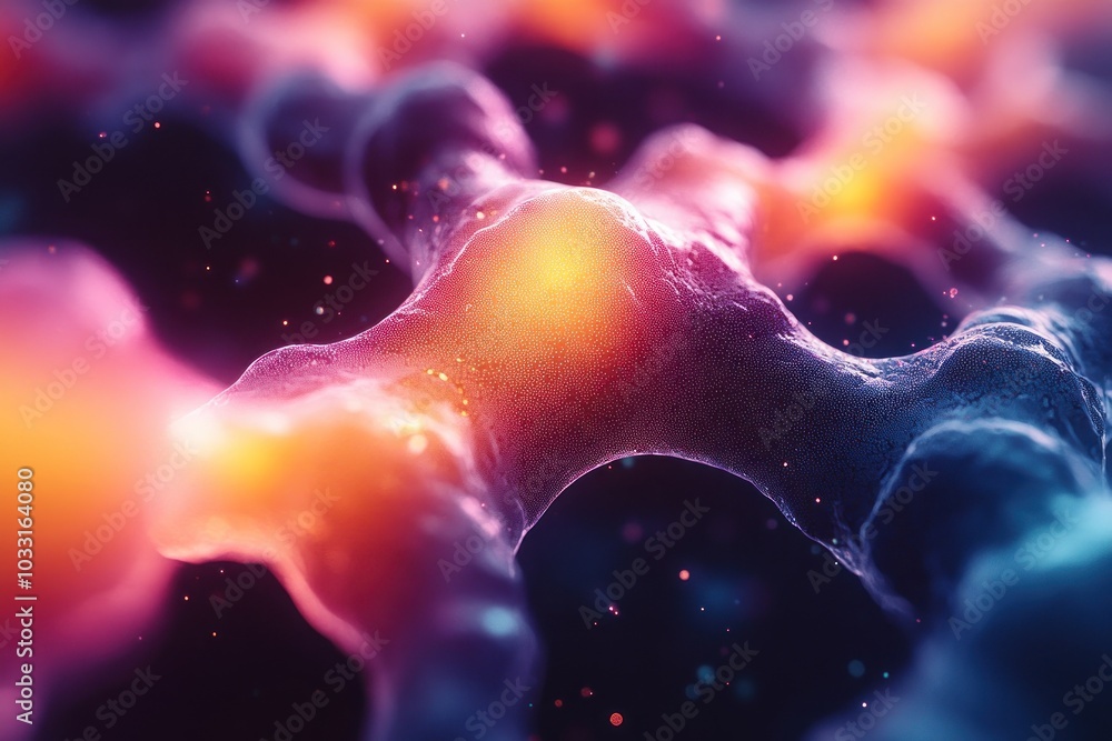 Poster abstract representation of molecular structures with glowing elements.