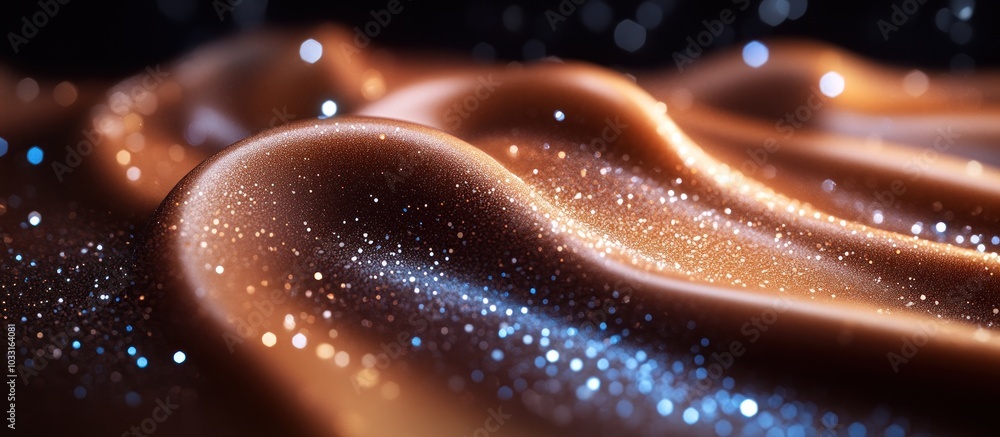 Poster a close-up of shimmering waves of silky material with sparkling particles.
