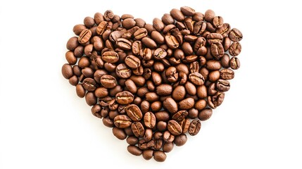 Heart shape of roasted coffee beans isolated on a white background.