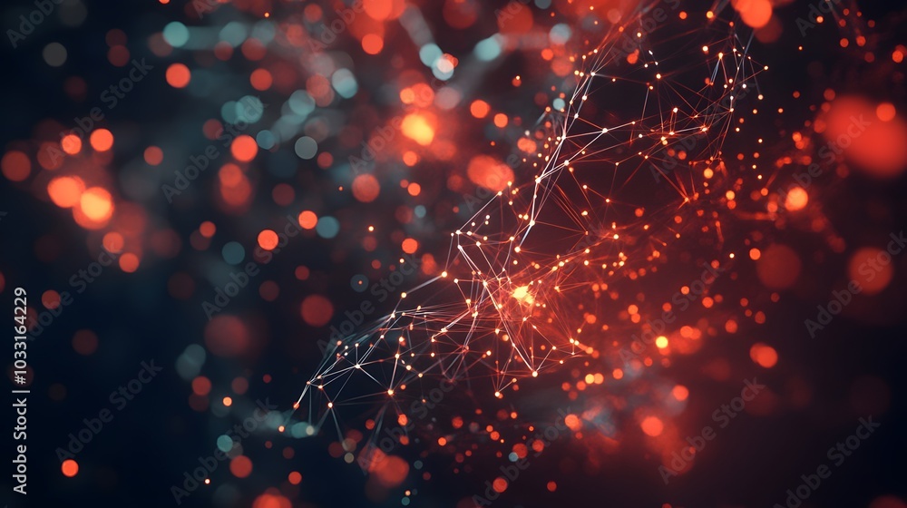 Poster abstract network of glowing lines and points with bokeh lights
