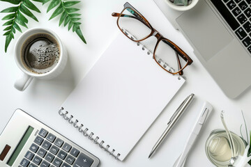 Top view white wooden workspace office desk with computer and office supplies. Flat lay work table with blank notebook, keyboard, flower and coffee cup.