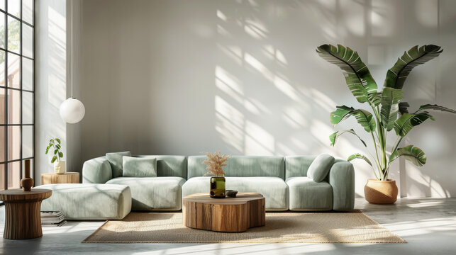 blue tone Stylish interior design living room modern mint sofa wooden consol