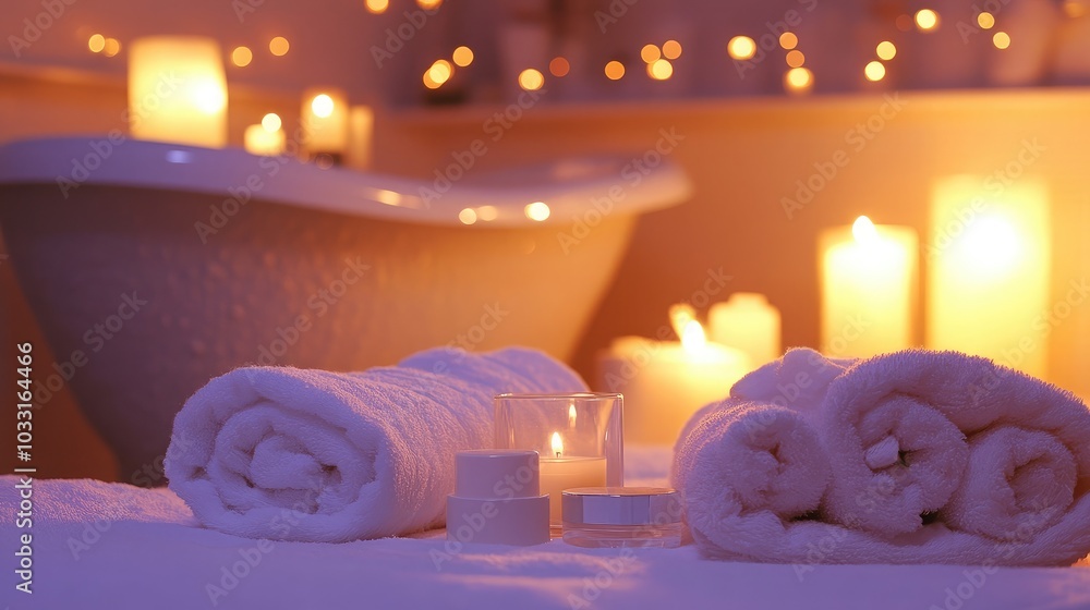 Poster serene spa setting with candles and towels