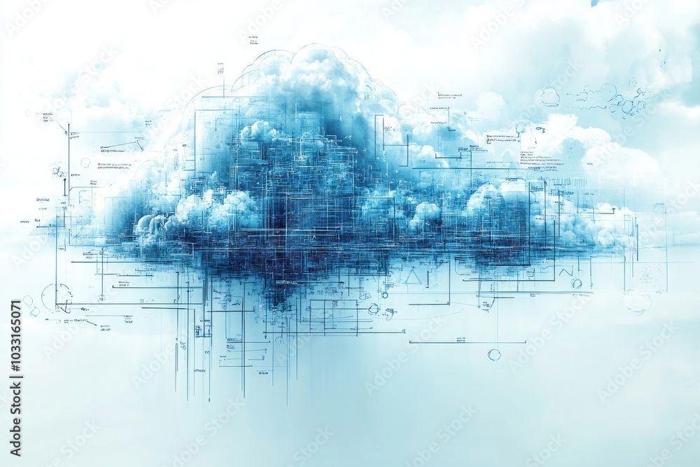 Poster abstract cloud representation with digital elements, symbolizing data and technology.
