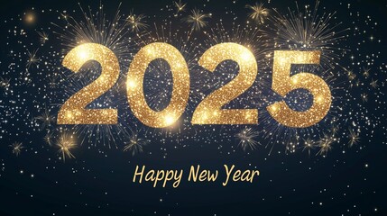 Golden fireworks elegantly outline "2025," casting sparkling light against the deep night sky. Beneath, the "Happy New Year" message is rendered in a sophisticated gold font.