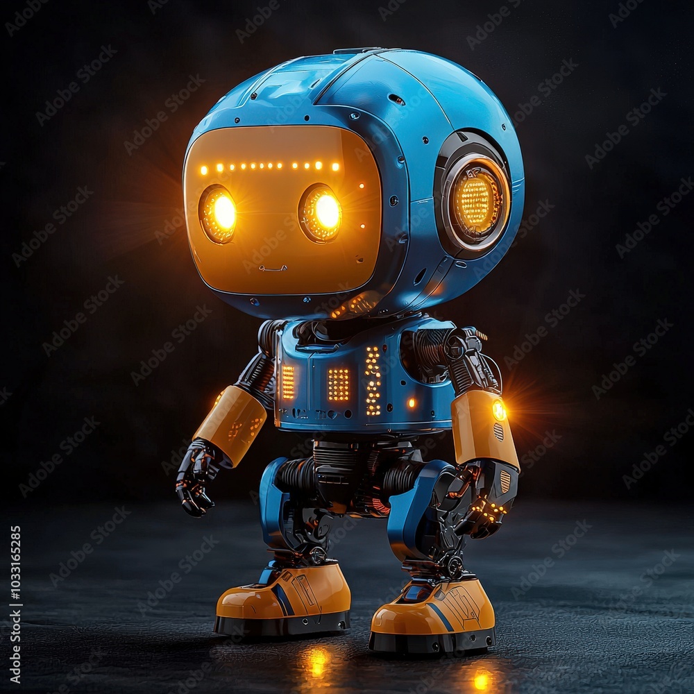 Poster toy robot with flashing lights isolated on a dark black background.